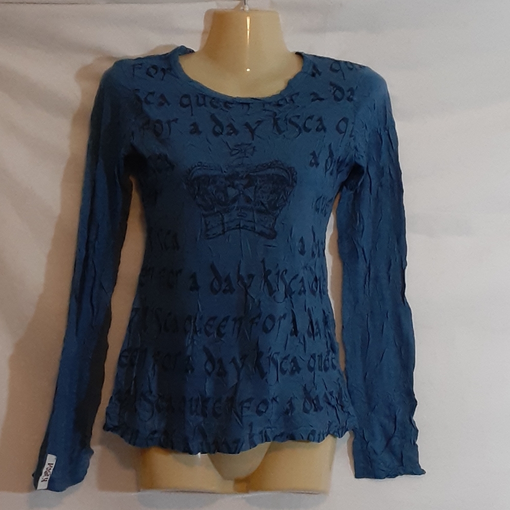 Kisca by Komarov Y2K Womens XS Top Queen For A Day Blue Crinkle Knit - Picture 2 of 8